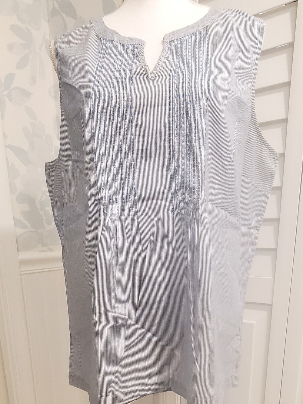 Talbots Embellished Pin-Striped Sleeveless Tunic  in White and Blue XLG